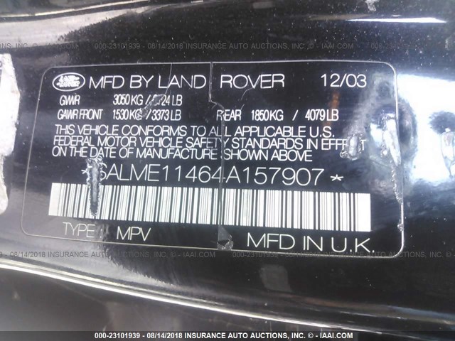 SALME11464A157907 - 2004 LAND ROVER RANGE ROVER HSE BLACK photo 9