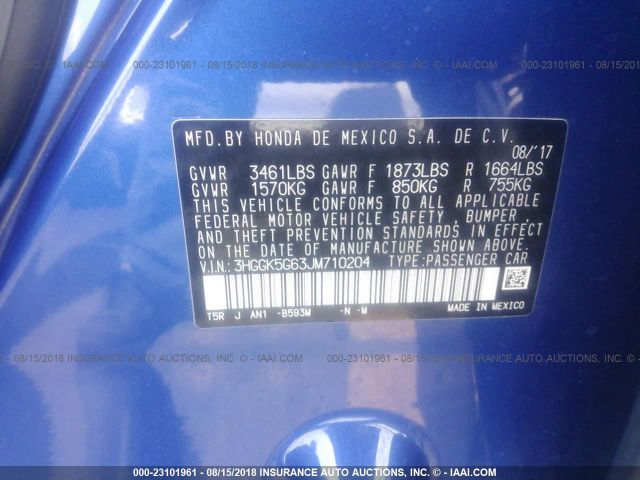 3HGGK5G63JM710204 - 2018 HONDA FIT SPORT ლურჯი ფოტო 9