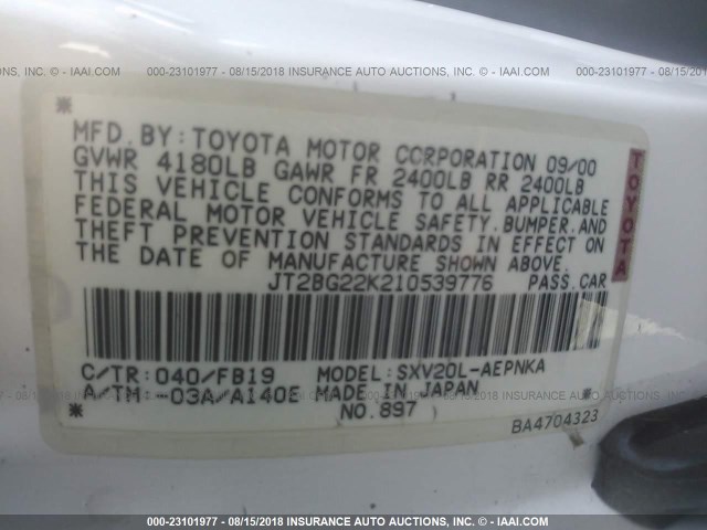 JT2BG22K210539776 - 2001 TOYOTA CAMRY CE/LE/XLE თეთრი ფოტო 9