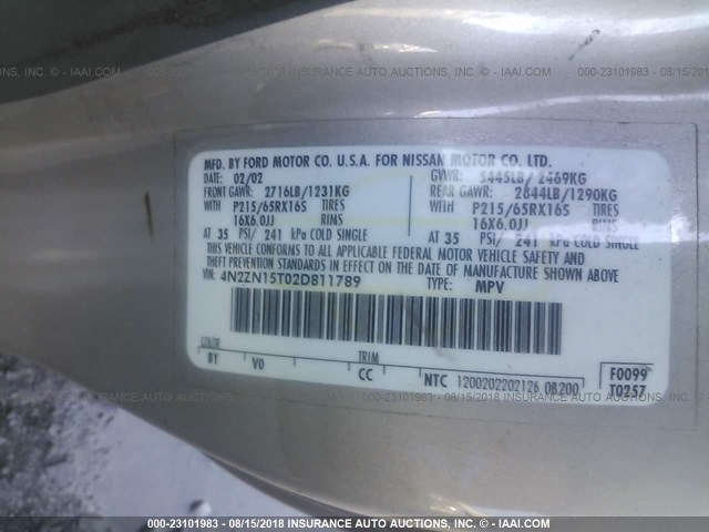 4N2ZN15T02D811789 - 2002 NISSAN QUEST GXE BEIGE photo 9