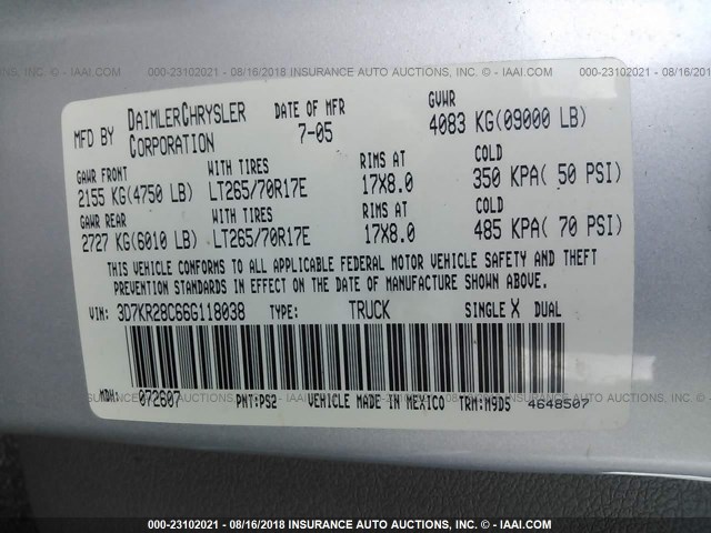 3D7KR28C66G118038 - 2006 DODGE RAM 2500 ST/SLT 银色 照片 9