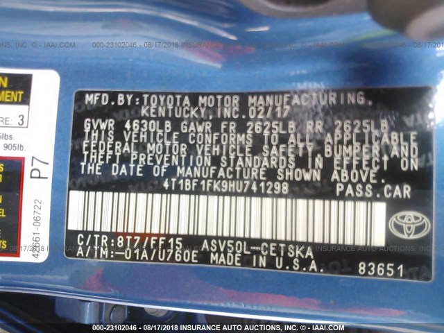 4T1BF1FK9HU741298 - 2017 TOYOTA CAMRY LE/XLE/SE/XSE BLUE photo 9