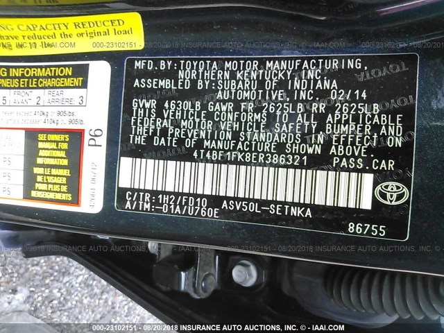 4T4BF1FK8ER386321 - 2014 TOYOTA CAMRY L/SE/LE/XLE 灰色 照片 9