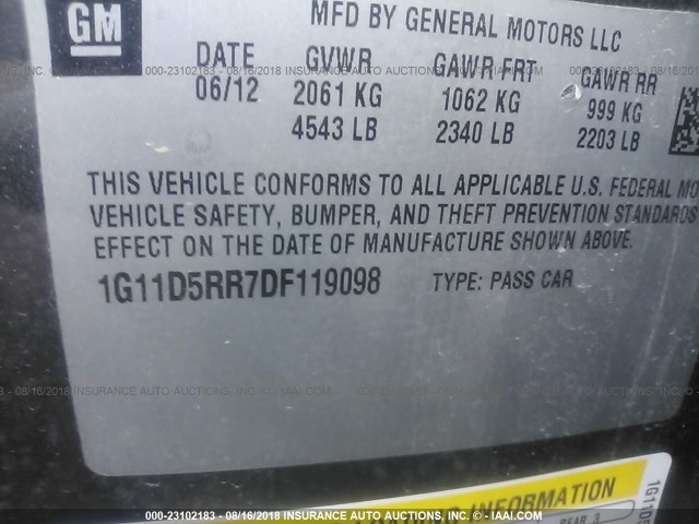 1G11D5RR7DF119098 - 2013 CHEVROLET MALIBU 1LT 灰色 照片 9