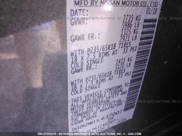 5N1DR2MM3JC637007 - 2018 NISSAN PATHFINDER S/SV/SL/PLATINUM GRAY photo 9