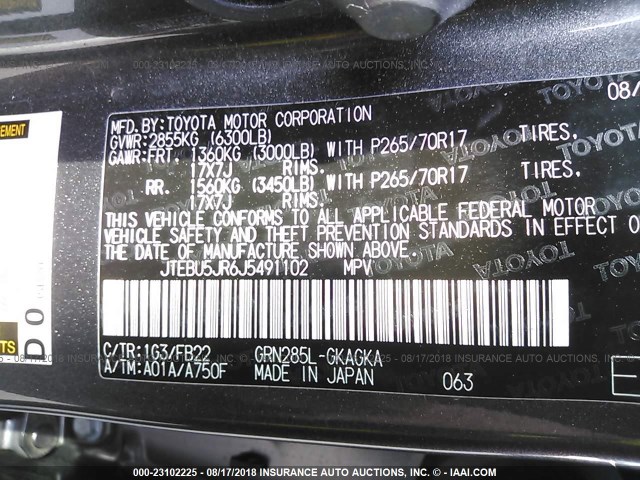 JTEBU5JR6J5491102 - 2018 TOYOTA 4RUNNER SR5 PREM/LTDL/TRAIL/TRD GRAY photo 9