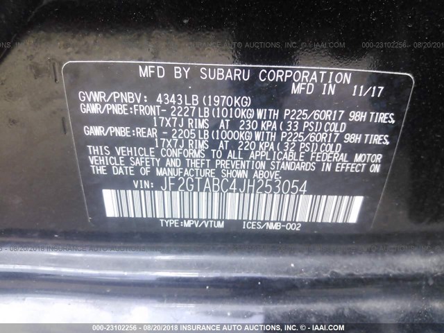 JF2GTABC4JH253054 - 2018 SUBARU CROSSTREK PREMIUM შავი ფოტო 9