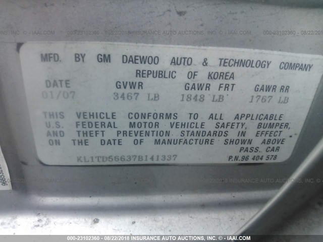 KL1TD56637B141337 - 2007 CHEVROLET AVEO LS SILVER photo 9