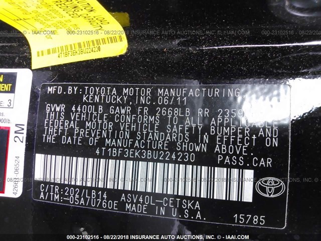 4T1BF3EK3BU224230 - 2011 TOYOTA CAMRY SE/LE/XLE შავი ფოტო 9