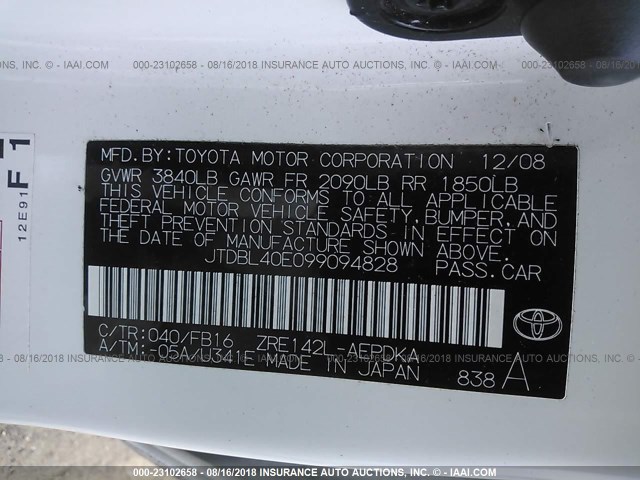 JTDBL40E099094828 - 2009 TOYOTA COROLLA LE/XLE WHITE photo 9