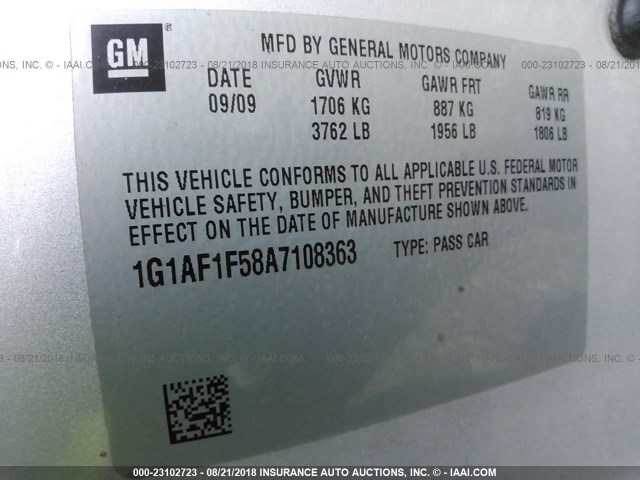 1G1AF1F58A7108363 - 2010 CHEVROLET COBALT 2LT SILVER photo 9