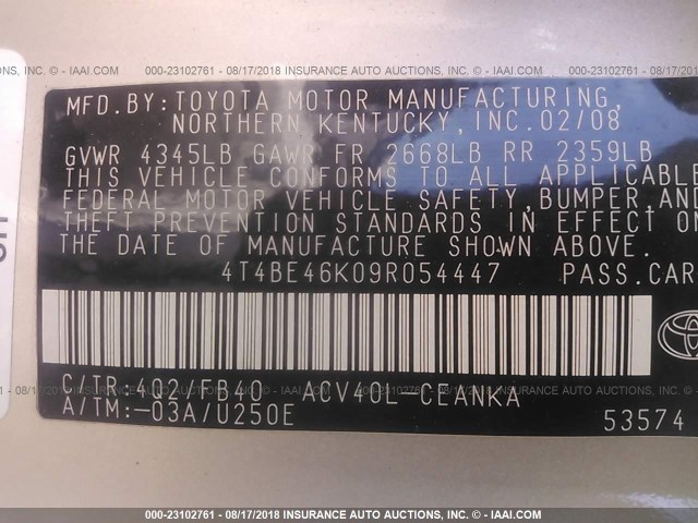 4T4BE46K09R054447 - 2009 TOYOTA CAMRY SE/LE/XLE ვერცხლისფერი ფოტო 9