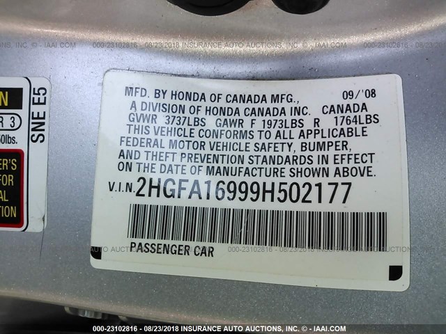 2HGFA16999H502177 - 2009 HONDA CIVIC EXL SILVER photo 9