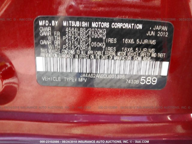 JA4AS2AW2DU001396 - 2013 MITSUBISHI OUTLANDER ES Tünd qırmızı foto 9