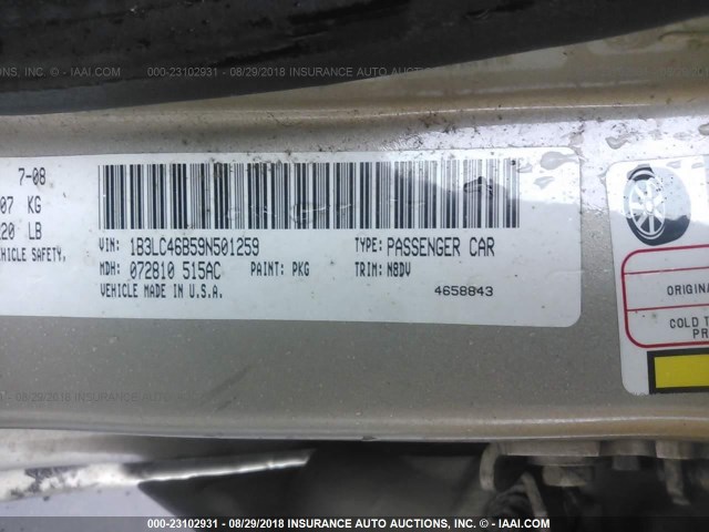 1B3LC46B59N501259 - 2009 DODGE AVENGER SE/SXT GOLD photo 9