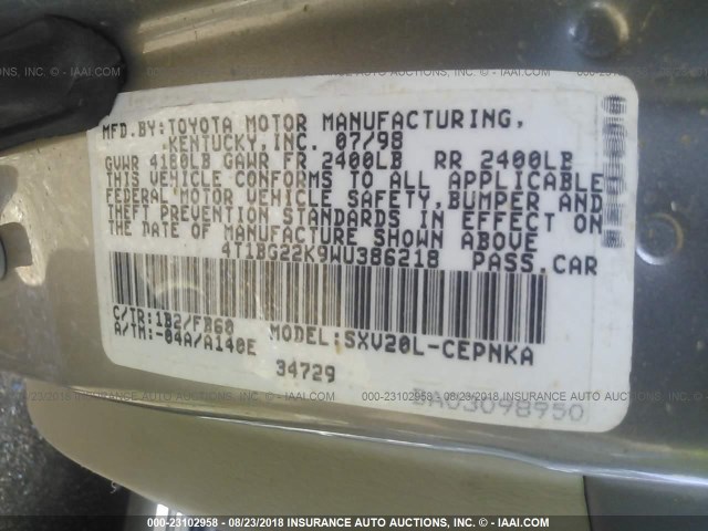 4T1BG22K9WU386218 - 1998 TOYOTA CAMRY CE/LE/XLE 灰色 照片 9