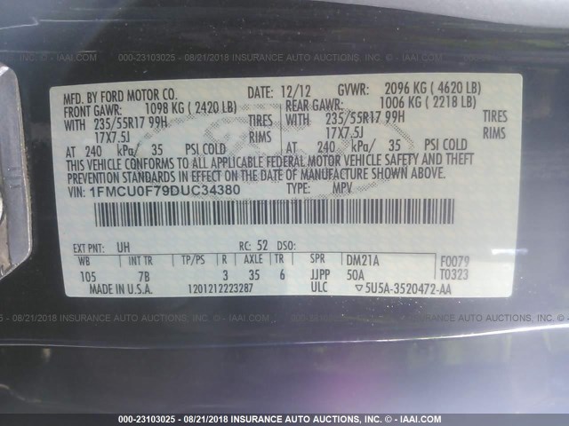 1FMCU0F79DUC34380 - 2013 FORD ESCAPE S BLACK photo 9