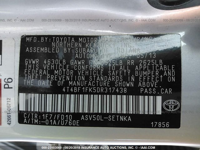 4T4BF1FK5DR317438 - 2013 TOYOTA CAMRY L/SE/LE/XLE SILVER photo 9