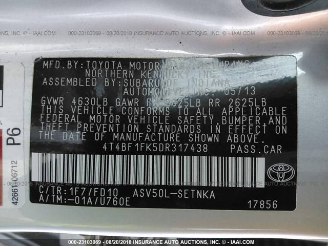 4T4BF1FK5DR317438 - 2013 TOYOTA CAMRY L/SE/LE/XLE ვერცხლისფერი ფოტო 9