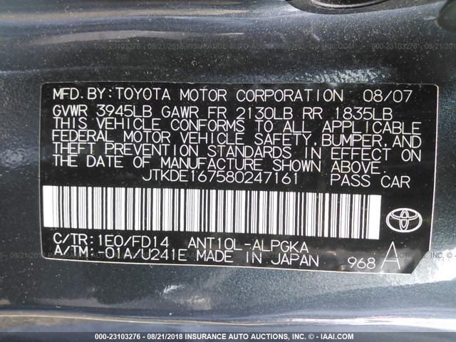 JTKDE167580247161 - 2008 TOYOTA SCION TC GRAY photo 9