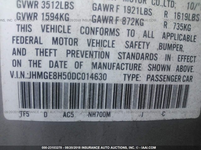 JHMGE8H50DC014630 - 2013 HONDA FIT SPORT SILVER photo 9