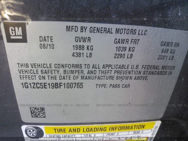 1G1ZC5E19BF100765 - 2011 CHEVROLET MALIBU 1LT 灰色 照片 9