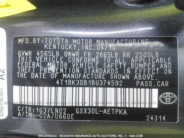 4T1BK3DB1BU374592 - 2011 TOYOTA AVALON LIMITED GRAY photo 9