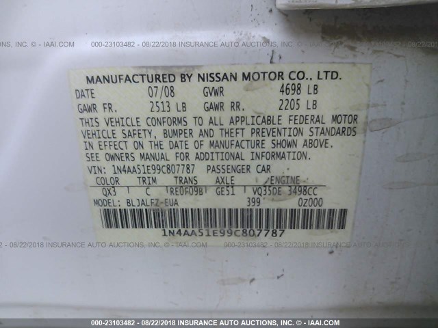 1N4AA51E99C807787 - 2009 NISSAN MAXIMA S/SV WHITE photo 9