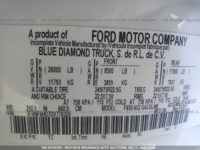 3FRNF6HD7DV778326 - 2013 FORD F650 SUPER DUTY WHITE photo 10