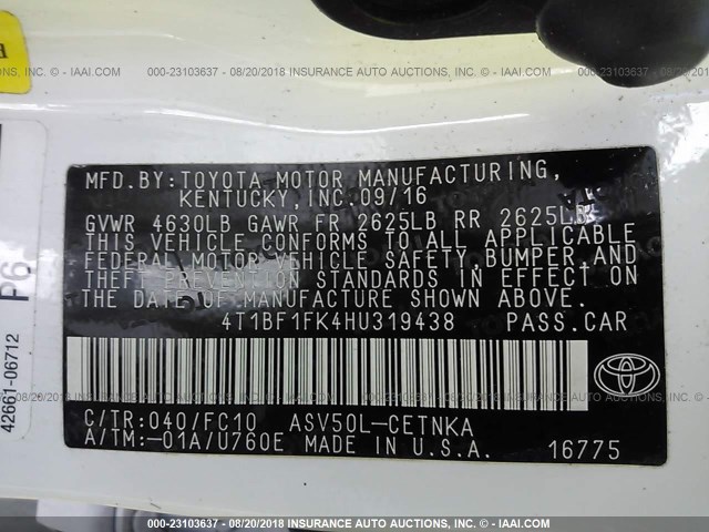 4T1BF1FK4HU319438 - 2017 TOYOTA CAMRY LE/XLE/SE/XSE 白色 照片 9