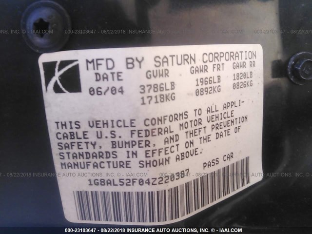 1G8AL52F04Z220387 - 2004 SATURN ION LEVEL 3 SILVER photo 9