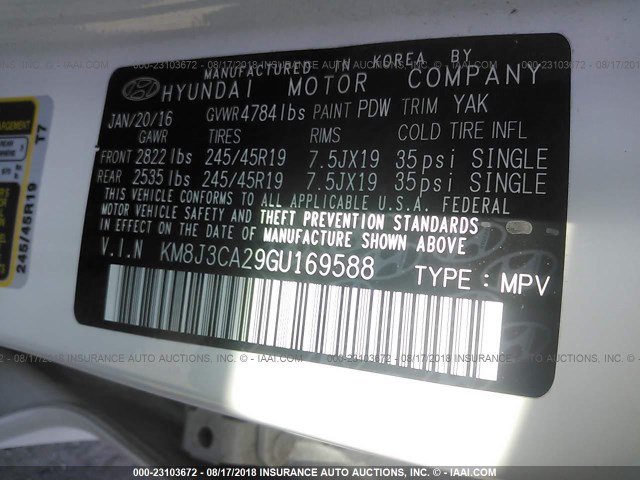 KM8J3CA29GU169588 - 2016 HYUNDAI TUCSON LIMITED/SPORT AND ECO/SE WHITE photo 9