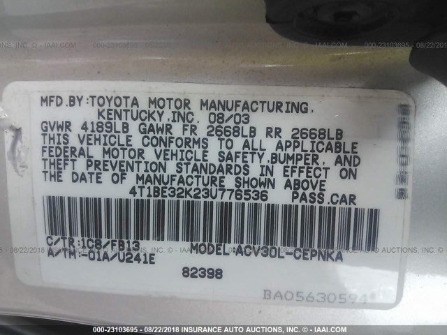 4T1BE32K23U776536 - 2003 TOYOTA CAMRY LE/XLE/SE 银色 照片 9