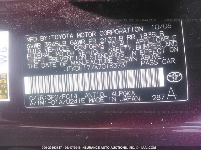 JTKDE177X70183731 - 2007 TOYOTA SCION TC 勃艮第红 照片 9