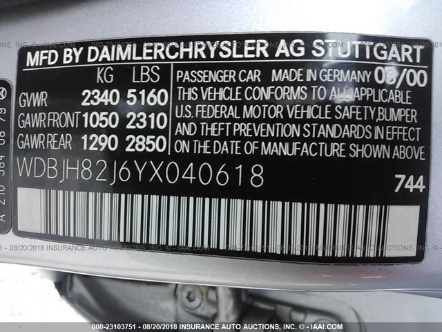 WDBJH82J6YX040618 - 2000 MERCEDES-BENZ E 320 4MATIC SILVER photo 9