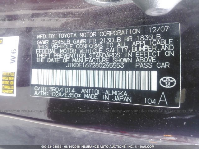 JTKDE167280265553 - 2008 TOYOTA SCION TC 紫色 照片 9