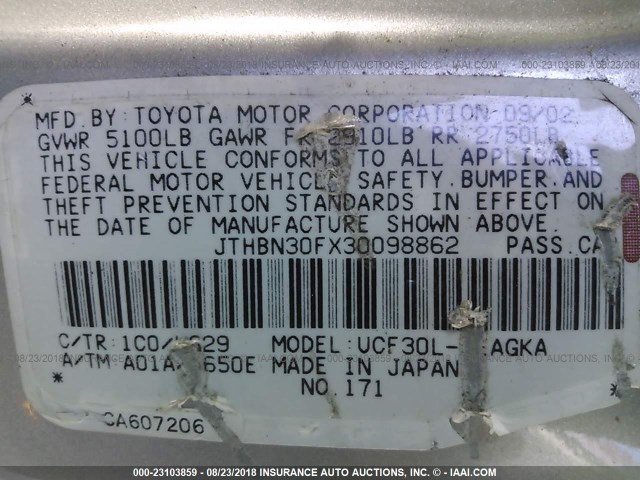 JTHBN30FX30098862 - 2003 LEXUS LS 430 SILVER photo 9