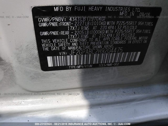 JF2GPABC2H9204475 - 2017 SUBARU CROSSTREK PREMIUM Ақ фото 9