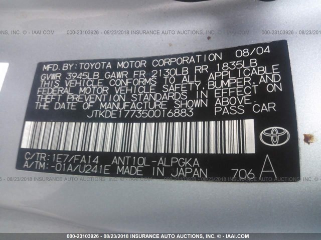 JTKDE177350016883 - 2005 TOYOTA SCION TC 银色 照片 9