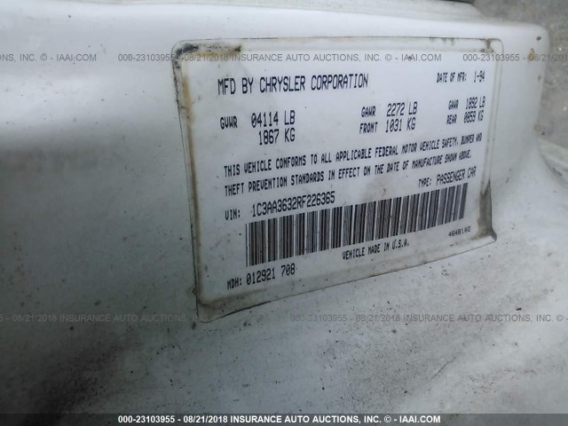 1C3AA3632RF226365 - 1994 CHRYSLER LEBARON LE A-BODY WHITE photo 9