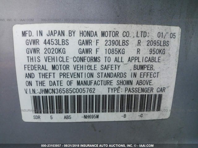 JHMCN36585C005762 - 2005 HONDA ACCORD HYBRID SILVER photo 9