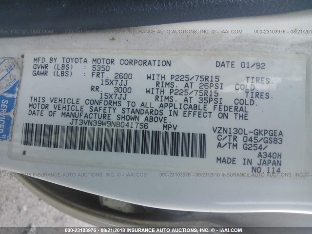 JT3VN39W9N8041756 - 1992 TOYOTA 4RUNNER VN39 SR5 白色 照片 9
