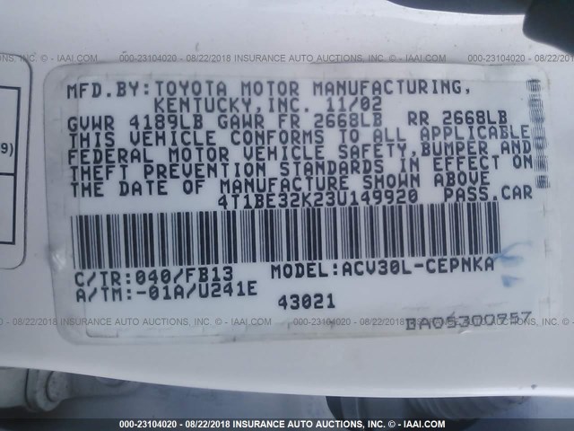 4T1BE32K23U149920 - 2003 TOYOTA CAMRY LE/XLE/SE Ağ foto 9