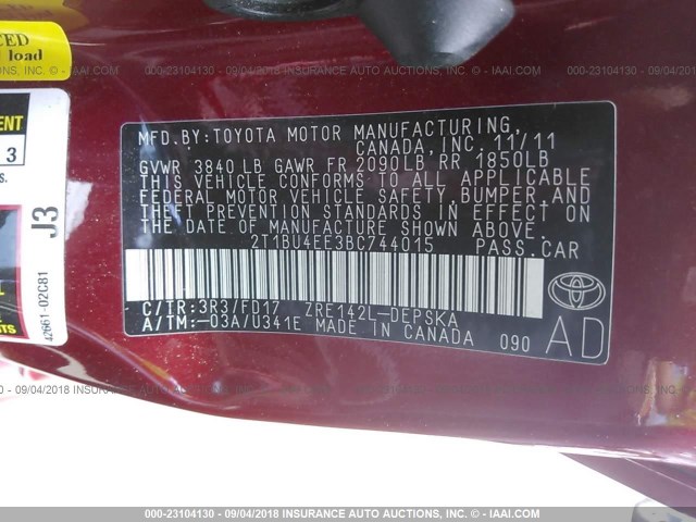 2T1BU4EE3BC744015 - 2011 TOYOTA COROLLA S/LE RED photo 9