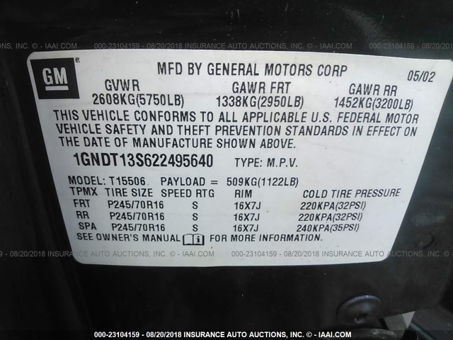 1GNDT13S622495640 - 2002 CHEVROLET TRAILBLAZER  GREEN photo 9