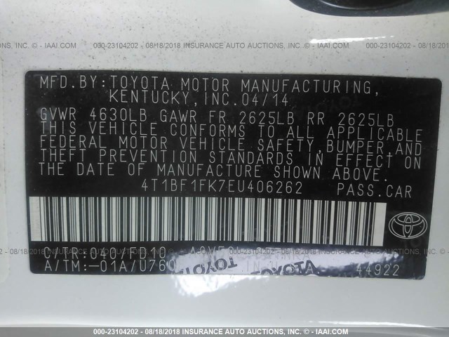 4T1BF1FK7EU406262 - 2014 TOYOTA CAMRY L/SE/LE/XLE 白色 照片 9