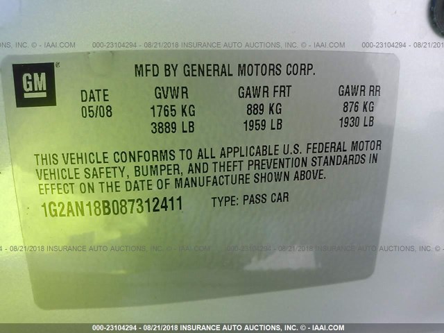 1G2AN18B087312411 - 2008 PONTIAC G5 GT SILVER photo 9