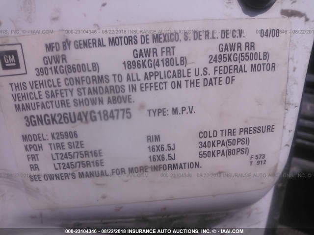 3GNGK26U4YG184775 - 2000 CHEVROLET SUBURBAN K2500 WHITE photo 9