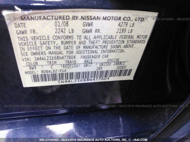 1N4AL21E68N477604 - 2008 NISSAN ALTIMA 2.5/2.5S BLUE photo 9