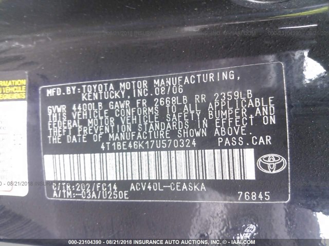 4T1BE46K17U570324 - 2007 TOYOTA CAMRY NEW GENERAT CE/LE/XLE/SE BLACK photo 9